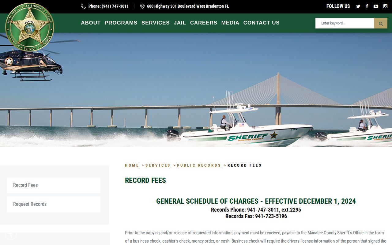 Manatee County booking photo and arrest record fee policy