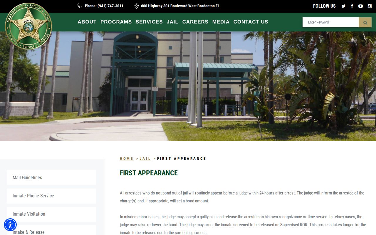 Manatee County first appearance and booking release record timing