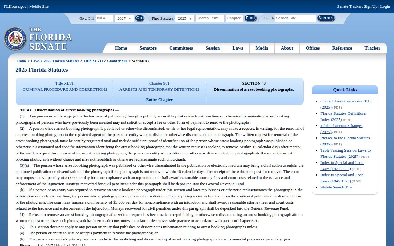 Florida law for removal of Manatee County arrest booking photographs