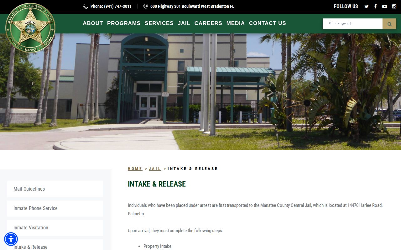 Manatee County jail booking and intake record process