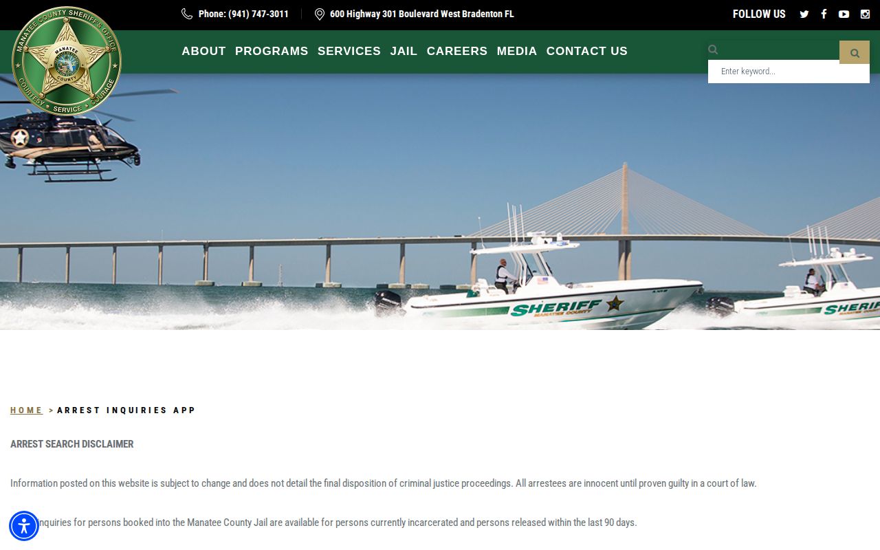 Official Manatee County arrest inquiry and jail roster search