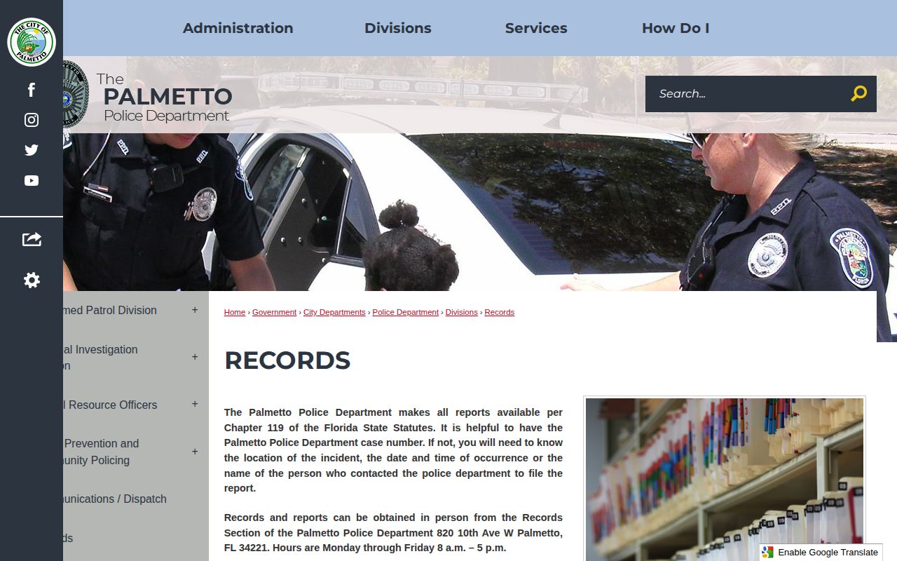 Palmetto Police official arrest records request page in Manatee County