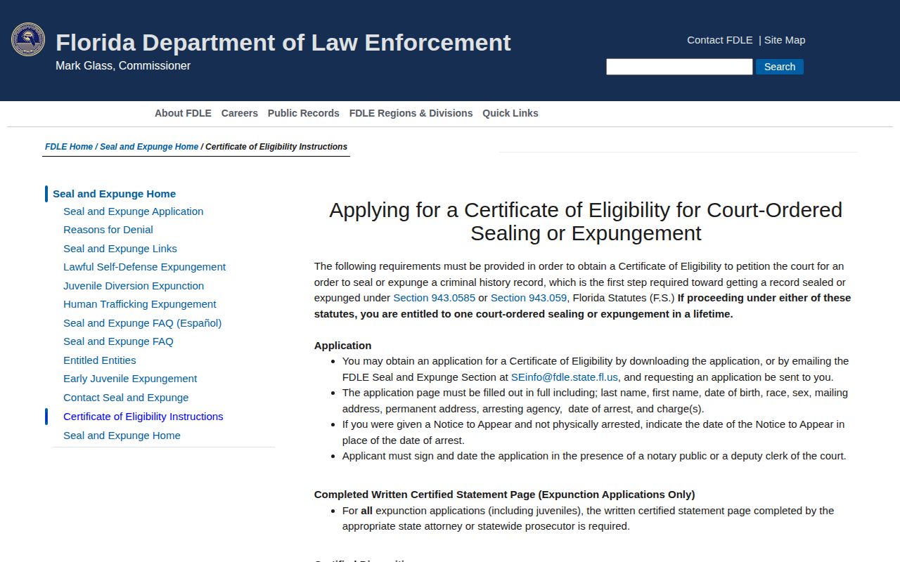 Florida instructions for sealing or expunging a Manatee County arrest record